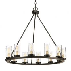 Hartwell 27 in. 12-Light Antique Bronze Farmhouse Wagon Wheel Chandelier with Clear Seeded Glass and Brass Accents by Progress Lighting