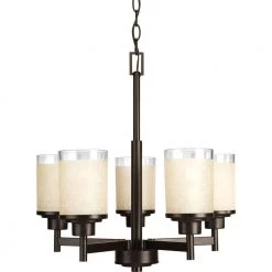 Alexa Collection 5-Light Antique Bronze Etched Umber Linen With Clear Edge Glass Modern Chandelier Light by Progress Lighting