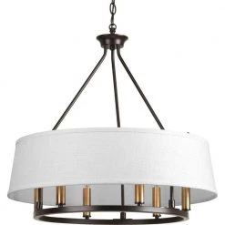 Cherish Collection 6-Light Antique Bronze White Linen Shade Coastal Chandelier Light by Progress Lighting