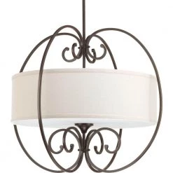 Overbrook Collection 4-Light Antique Bronze Large Pendant with Natural Linen Shade by Progress Lighting