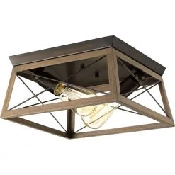 Briarwood Collection 2-Light Antique Bronze Kitchen Farmhouse Ceiling Light Flush Mount with Painted Wood Oak Frame by Progress Lighting