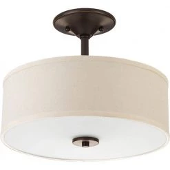 Inspire Collection 13 in. 2-Light Antique Bronze Transitional Semi-Flush Ceiling Mount with Off-White Linen Shade by Progress Lighting