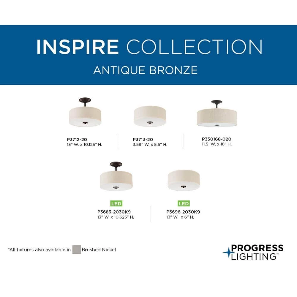 Inspire Collection 13 in. 2-Light Antique Bronze Kitchen Transitional Ceiling Light Drum Flush Mount by Progress Lighting 4 Inspire Collection 13 in. 2-Light Antique Bronze Kitchen Transitional Ceiling Light Drum Flush Mount by Progress Lighting - Image 2