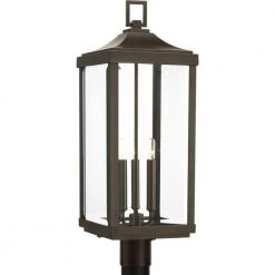 Gibbes Street Collection 9-1/2 in. 3-Light Antique Bronze Clear Beveled Glass New Traditional Outdoor Post Lantern Light by Progress Lighting