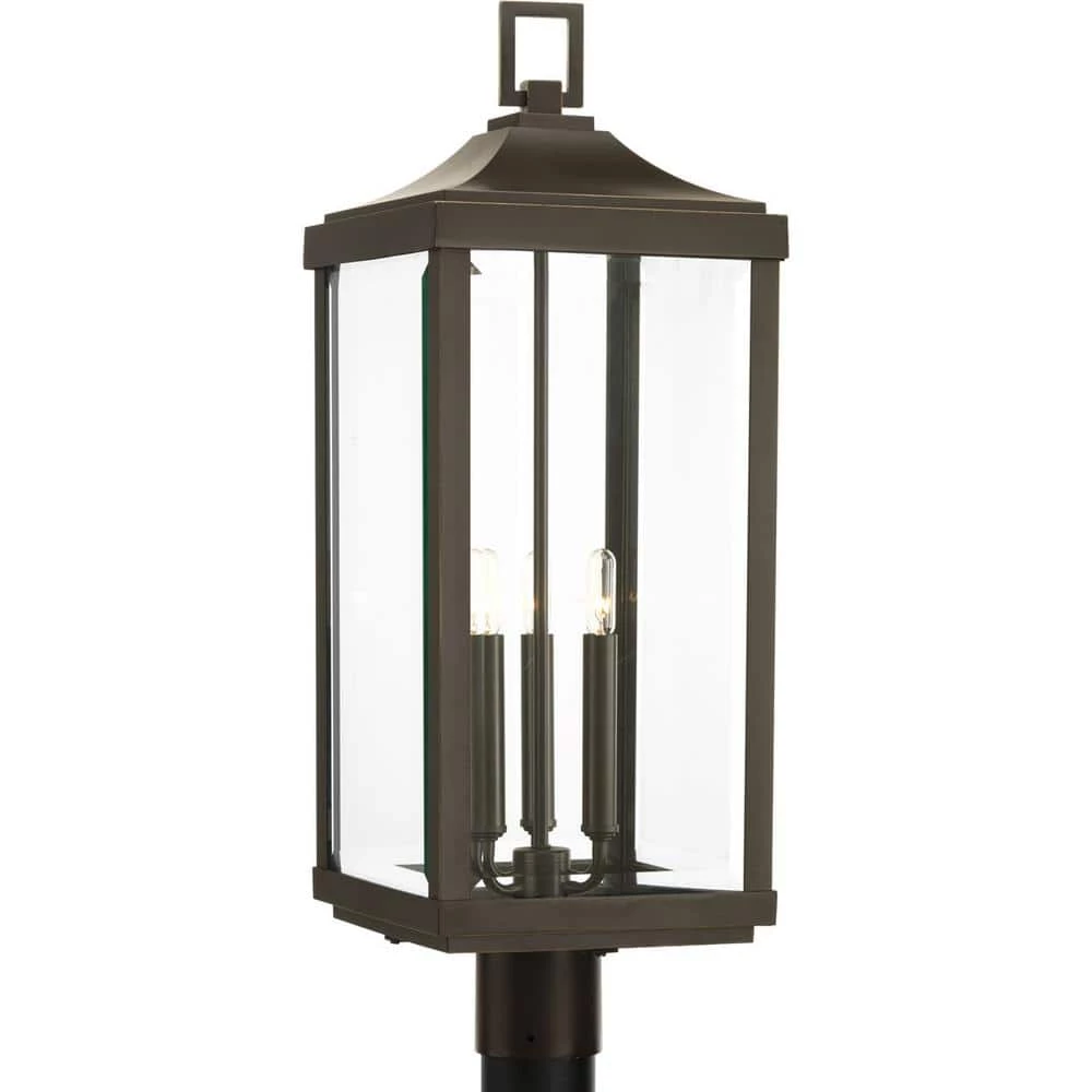 Gibbes Street Collection 9-1/2 in. 3-Light Antique Bronze Clear Beveled Glass New Traditional Outdoor Post Lantern Light by Progress Lighting 3 Gibbes Street Collection 9-1/2 in. 3-Light Antique Bronze Clear Beveled Glass New Traditional Outdoor Post Lantern Light by Progress Lighting