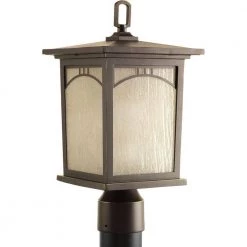 Residence Collection 1-Light Antique Bronze Umber Textured Art Glass Craftsman Outdoor Post Lantern Light by Progress Lighting