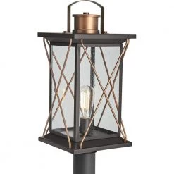 Barlowe Collection 1-Light Antique Bronze Clear Seeded Glass Farmhouse Outdoor Post Lantern Light by Progress Lighting