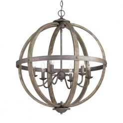 Keowee Collection 24.13 in. 6-Light Artisan Iron Orb Chandelier with Elm Wood Accents by Progress Lighting