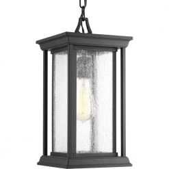 Endicott Collection 1-Light Textured Black Clear Seeded Glass Craftsman Outdoor Hanging Lantern Light by Progress Lighting