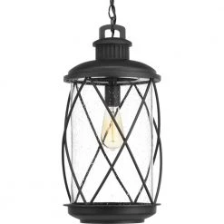 Hollingsworth Collection 1-Light Textured Black Clear Seeded Glass Farmhouse Outdoor Hanging Lantern Light by Progress Lighting