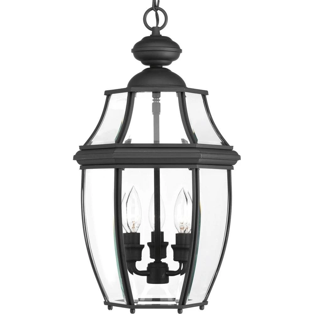 New Haven Collection 3-Light Textured Black Clear Beveled Glass New Traditional Outdoor Hanging Lantern Light by Progress Lighting 3 New Haven Collection 3-Light Textured Black Clear Beveled Glass New Traditional Outdoor Hanging Lantern Light by Progress Lighting