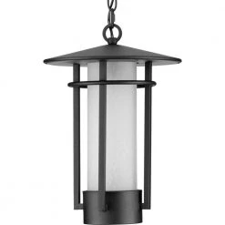 Exton Collection 1-Light Textured Black Etched Seeded Glass Modern Outdoor Pendant Hanging Light by Progress Lighting