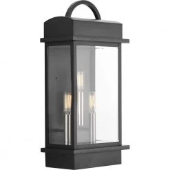 Santee Collection 3-Light Matte Black Clear Beveled Glass Farmhouse Outdoor Large Wall Lantern Light by Progress Lighting