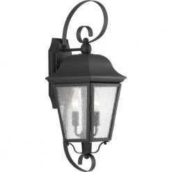 Kiawah Collection 2-Light Textured Black Clear Seeded Glass Farmhouse Outdoor Medium Wall Lantern Light by Progress Lighting