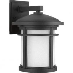 Wish Collection 1-Light Textured Black Etched White Linen Glass Craftsman Outdoor Medium Wall Lantern Light by Progress Lighting