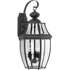 New Haven Collection 3-Light Textured Black Clear Beveled Glass New Traditional Outdoor Large Wall Lantern Light by Progress Lighting