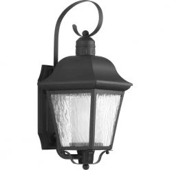 Andover Collection 1-Light Textured Black Clear Water Seeded Glass Modern Farmhouse Outdoor Medium Wall Lantern Light by Progress Lighting