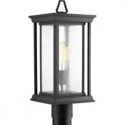 Endicott Collection 1-Light Textured Black Clear Seeded Glass Craftsman Outdoor Post Lantern Light by Progress Lighting