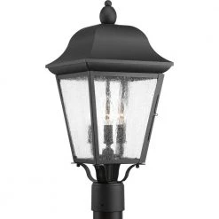 Kiawah Collection 3-Light Textured Black Clear Seeded Glass Farmhouse Outdoor Post Lantern Light by Progress Lighting