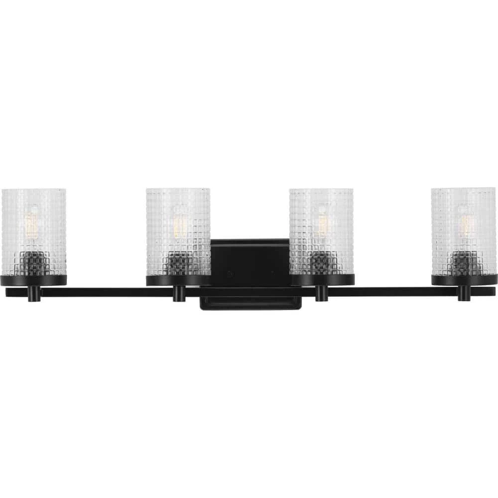 Fawcett Collection 4-Light Matte Black Clear Patterned Glass Transitional Bath Vanity Light by Progress Lighting 5 Fawcett Collection 4-Light Matte Black Clear Patterned Glass Transitional Bath Vanity Light by Progress Lighting - Image 3