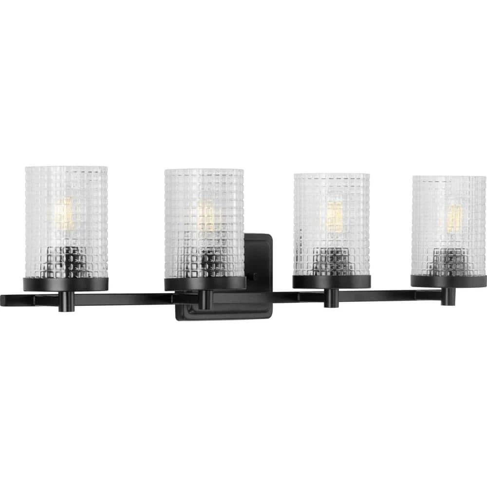 Fawcett Collection 4-Light Matte Black Clear Patterned Glass Transitional Bath Vanity Light by Progress Lighting 3 Fawcett Collection 4-Light Matte Black Clear Patterned Glass Transitional Bath Vanity Light by Progress Lighting