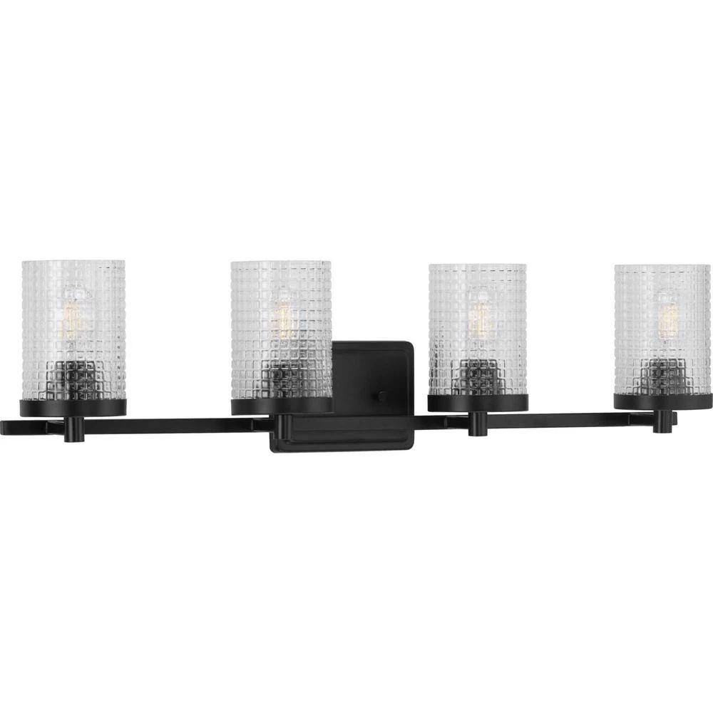 Fawcett Collection 4-Light Matte Black Clear Patterned Glass Transitional Bath Vanity Light by Progress Lighting 4 Fawcett Collection 4-Light Matte Black Clear Patterned Glass Transitional Bath Vanity Light by Progress Lighting - Image 2