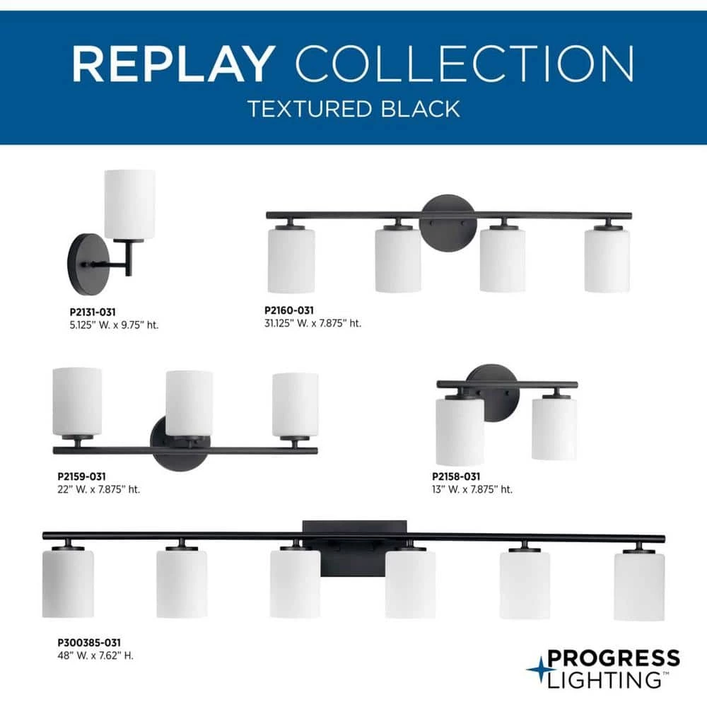 Replay Collection 5-1/4 in. 1-Light Black Etched White Glass Modern Bathroom Vanity Wall Light by Progress Lighting 4 Replay Collection 5-1/4 in. 1-Light Black Etched White Glass Modern Bathroom Vanity Wall Light by Progress Lighting - Image 2