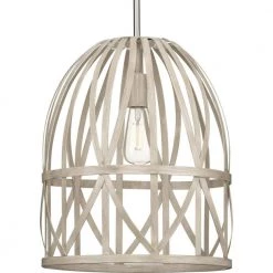 Chastain Collection 1-Light Brushed Nickel Bleached Oak Basket Farmhouse Pendant Light by Progress Lighting