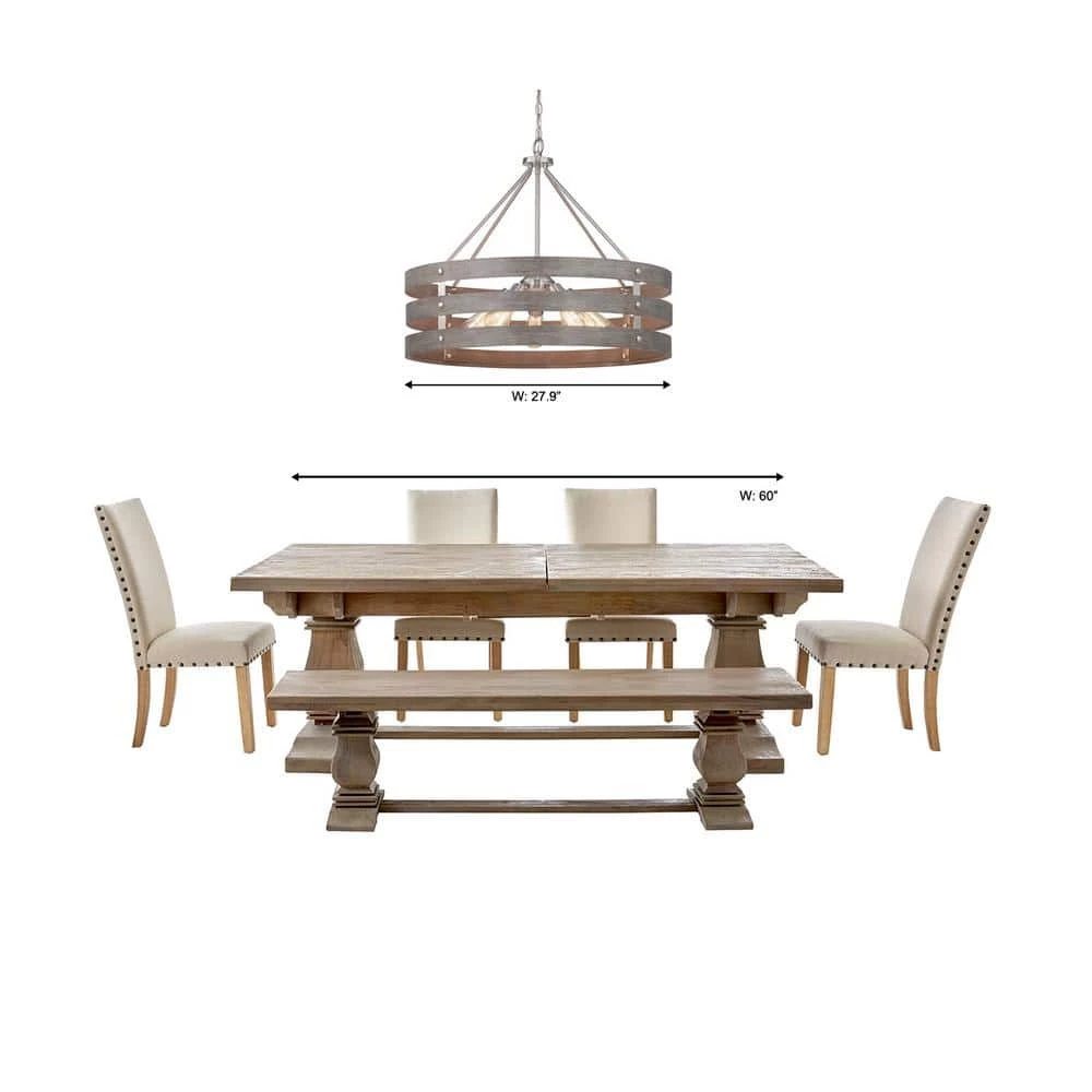 Gulliver 27-3/4 in. 5-Light Brushed Nickel Farmhouse Drum Chandelier with Weathered Gray Wood Accents for Dining Room by Progress Lighting 4 Gulliver 27-3/4 in. 5-Light Brushed Nickel Farmhouse Drum Chandelier with Weathered Gray Wood Accents for Dining Room by Progress Lighting - Image 2