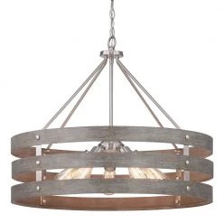 Gulliver 27-3/4 in. 5-Light Brushed Nickel Farmhouse Drum Chandelier with Weathered Gray Wood Accents for Dining Room by Progress Lighting