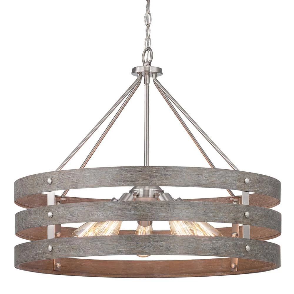 Gulliver 27-3/4 in. 5-Light Brushed Nickel Farmhouse Drum Chandelier with Weathered Gray Wood Accents for Dining Room by Progress Lighting 3 Gulliver 27-3/4 in. 5-Light Brushed Nickel Farmhouse Drum Chandelier with Weathered Gray Wood Accents for Dining Room by Progress Lighting
