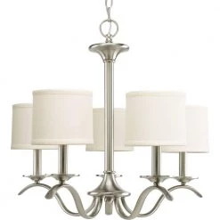 Inspire Collection 5-Light Brushed Nickel Off-White Linen Shade Traditional Empire Chandelier Light by Progress Lighting