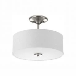 Inspire Collection 13 in. Brushed Nickel LED Bedroom Semi-Flush Ceiling Mount with White Linen Shade by Progress Lighting