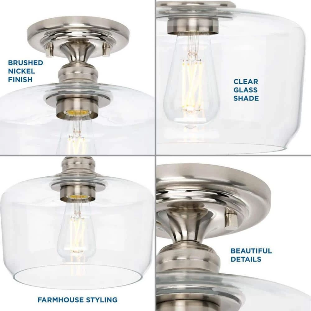 Aiken Collection 1-Light Brushed Nickel Clear Glass Farmhouse Flush Mount Light by Progress Lighting 6 Aiken Collection 1-Light Brushed Nickel Clear Glass Farmhouse Flush Mount Light by Progress Lighting - Image 4
