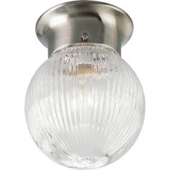 1-Light Brushed Nickel Flushmount with Clear Ribbed Glass Globe by Progress Lighting