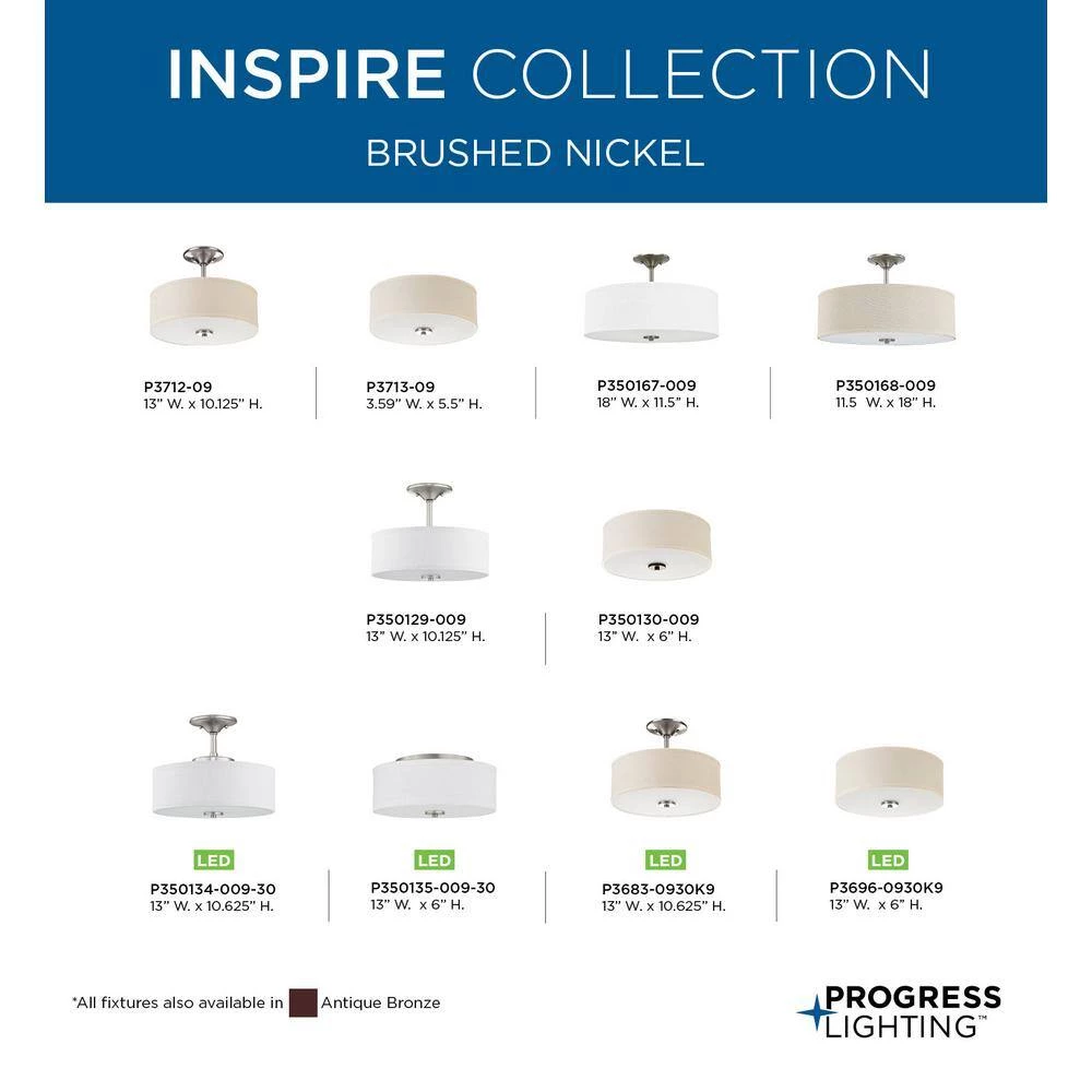 Inspire Collection 17-Watt Brushed Nickel Integrated LED Transitional Bedroom Ceiling Light Drum Semi-Flush Mount by Progress Lighting 7 Inspire Collection 17-Watt Brushed Nickel Integrated LED Transitional Bedroom Ceiling Light Drum Semi-Flush Mount by Progress Lighting - Image 5