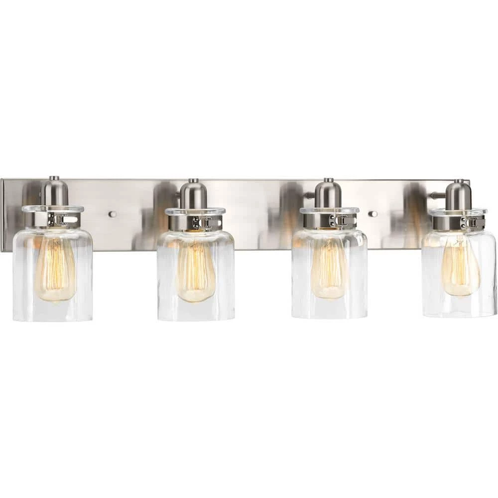 Calhoun Collection 30-1/4 in. 4-Light Brushed Nickel Clear Glass Farmhouse Urban Industrial Bathroom Vanity Light by Progress Lighting 3 Calhoun Collection 30-1/4 in. 4-Light Brushed Nickel Clear Glass Farmhouse Urban Industrial Bathroom Vanity Light by Progress Lighting