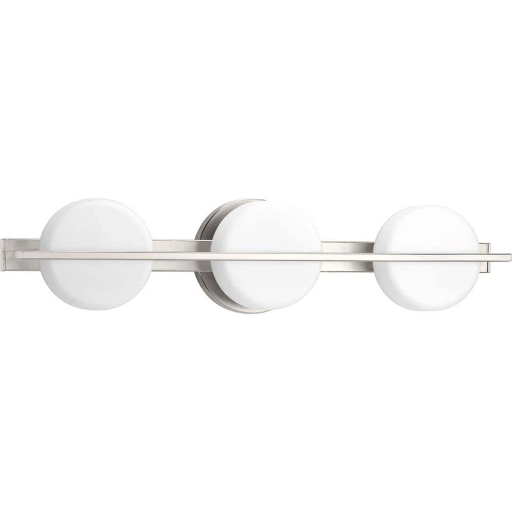 Volo LED Collection 3-Light Brushed Nickel Etched Opal Glass Mid-Century Modern Bath Vanity Light by Progress Lighting 3 Volo LED Collection 3-Light Brushed Nickel Etched Opal Glass Mid-Century Modern Bath Vanity Light by Progress Lighting