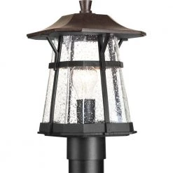 Derby Collection 1-Light Espresso Clear Seeded Glass Craftsman Outdoor Post Lantern Light by Progress Lighting