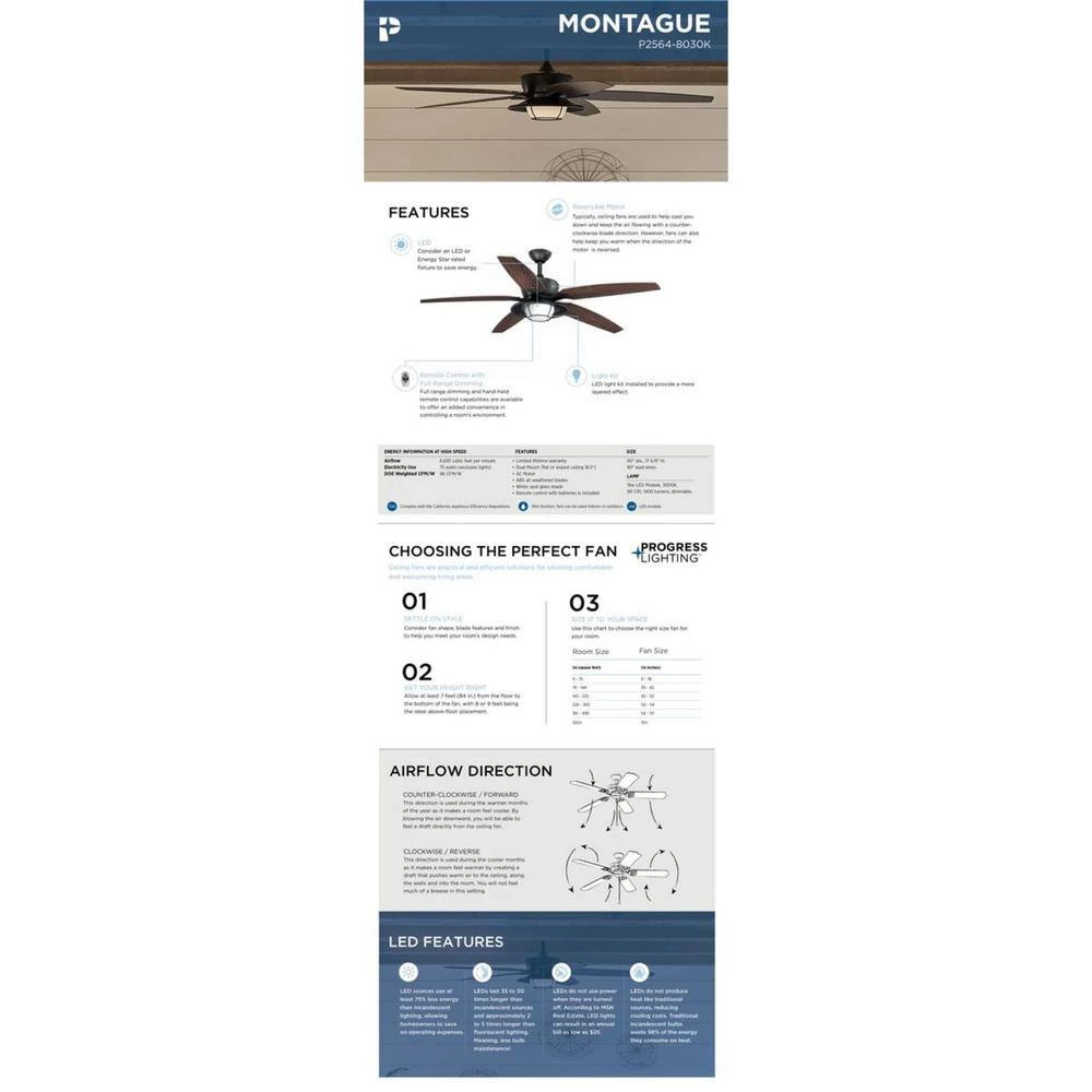 Montague Collection 60 in. LED Forged Black Indoor/Outdoor Ceiling Fan with Light Kit and Remote by Progress Lighting 14 Montague Collection 60 in. LED Forged Black Indoor/Outdoor Ceiling Fan with Light Kit and Remote by Progress Lighting - Image 12