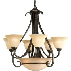 Torino Collection 6-Light Forged Bronze Tea-Stained Glass Transitional Chandelier Light by Progress Lighting