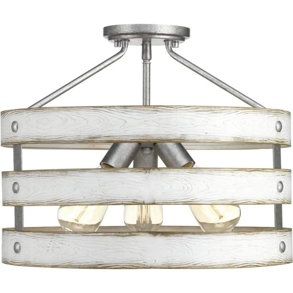 Gulliver 17 in. 3-Light Galvanized Coastal Semi-Flush Ceiling or Hanging Light with Painted Antique White Frame by Progress Lighting 4 Gulliver 17 in. 3-Light Galvanized Coastal Semi-Flush Ceiling or Hanging Light with Painted Antique White Frame by Progress Lighting - Image 2