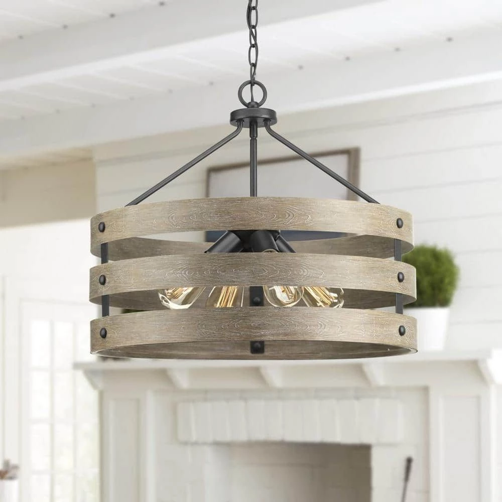Gulliver Collection 21-1/2 in. 4-Light Graphite Farmhouse Drum Pendant with Weathered Gray Wood Accents by Progress Lighting 11 Gulliver Collection 21-1/2 in. 4-Light Graphite Farmhouse Drum Pendant with Weathered Gray Wood Accents by Progress Lighting - Image 10