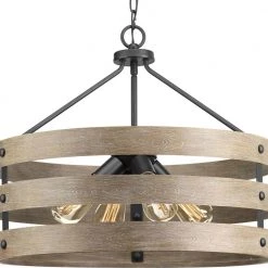 Gulliver Collection 21-1/2 in. 4-Light Graphite Farmhouse Drum Pendant with Weathered Gray Wood Accents by Progress Lighting