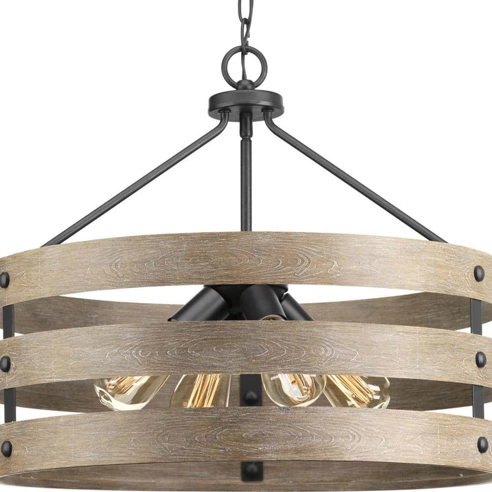 Gulliver Collection 21-1/2 in. 4-Light Graphite Farmhouse Drum Pendant with Weathered Gray Wood Accents by Progress Lighting 2 Gulliver Collection 21-1/2 in. 4-Light Graphite Farmhouse Drum Pendant with Weathered Gray Wood Accents by Progress Lighting