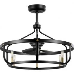 Copan 28.75 in. Indoor/Outdoor Inustrial Matte Black and Gold Dual Mount Ceiling Fan with Light and Remote Control by Progress Lighting