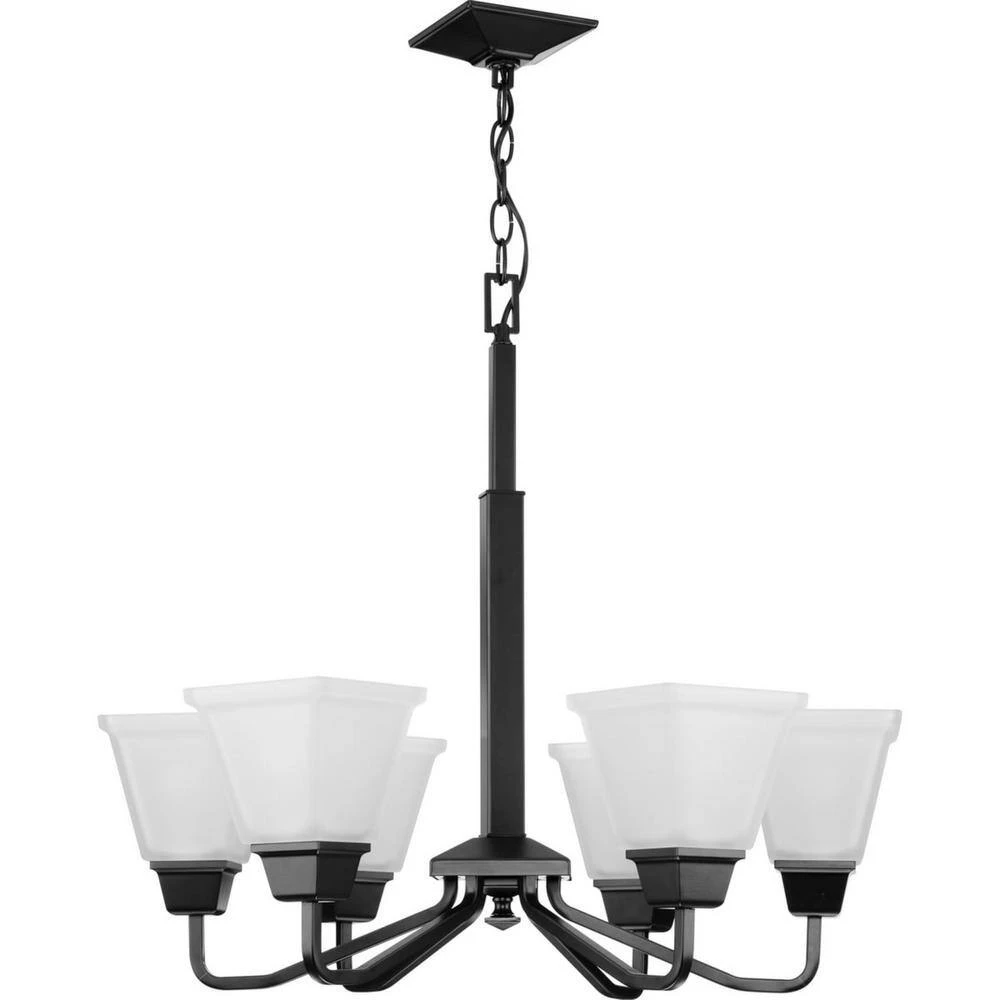 Clifton Heights Collection 26 in. 6-Light Matte Black Chandelier Light with Etched Glass Shades New Traditional by Progress Lighting 6 Clifton Heights Collection 26 in. 6-Light Matte Black Chandelier Light with Etched Glass Shades New Traditional by Progress Lighting - Image 4