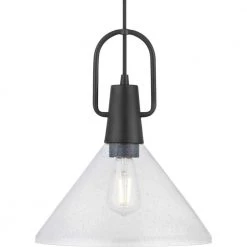 Suwanee 1-Light Matte Black Pendant with Clear Seeded Glass Shade by Progress Lighting