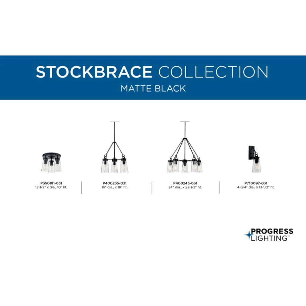 Stockbrace 3-Light Matte Black Clear Glass Farmhouse Flush Mount Ceiling Light by Progress Lighting 4 Stockbrace 3-Light Matte Black Clear Glass Farmhouse Flush Mount Ceiling Light by Progress Lighting - Image 2