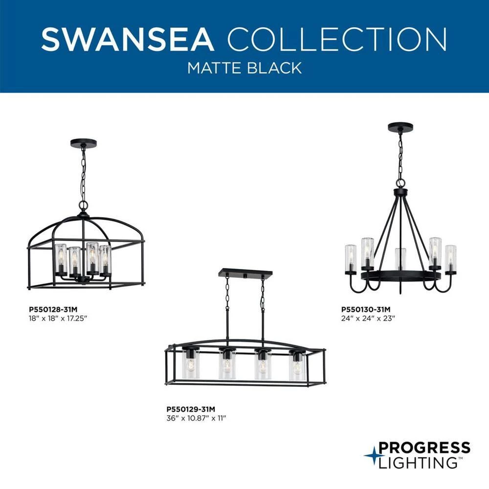 Swansea Collection 4-Light 36 in. Matte Black Transitional Outdoor Chandelier with Clear Glass Shades by Progress Lighting 6 Swansea Collection 4-Light 36 in. Matte Black Transitional Outdoor Chandelier with Clear Glass Shades by Progress Lighting - Image 4